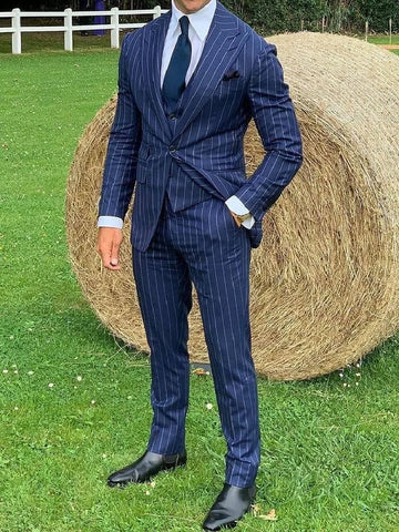 Aidase Navy Men Suit Tailor-Made 3 Pieces Blazer Vest Pants Tuxedo One Button Pinstripe Modern Slim Fit Wedding Groom Prom Tailored aidase-shop